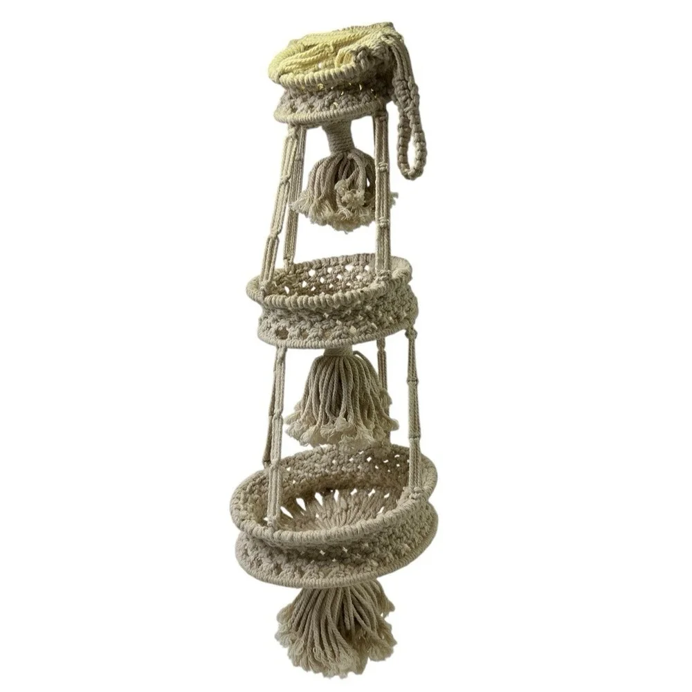 3 Tier Hanging Fruit Basket Cotton Boho Hand-Woven Fruit Basket Plant Hanger